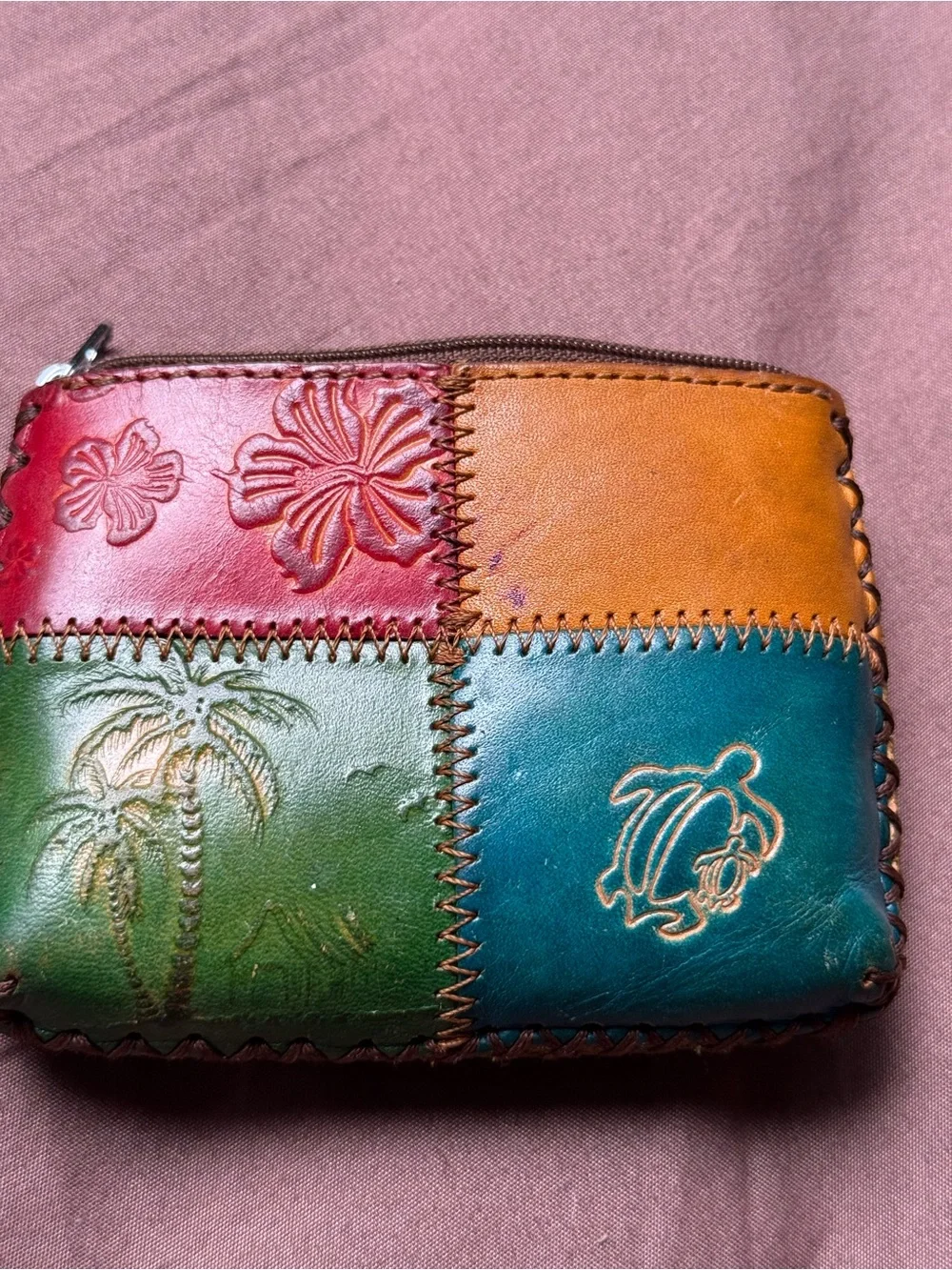 Aloha Hawaii Leather Patchwork Coin Purse Pouch in Teal, Mustard & Red